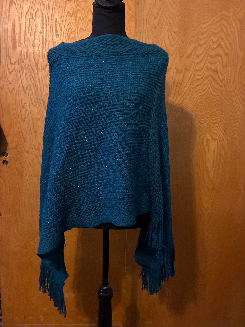 Teal Knit Fringe Women's Sweater Poncho
